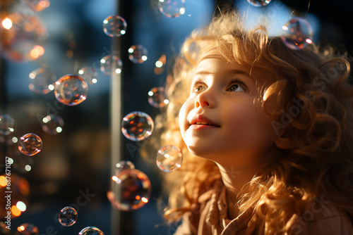 Cute little girl playing with soap bubbles on a sunny day. 