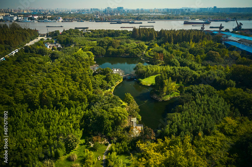 top view of the Japanese garden with a pagoda