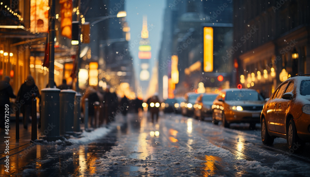Snowfall in the city. People walking on the city street at night.
Snowfall in the city. People walking on the city street at night.