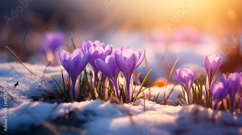 Beautiful crocus flowers in the mountains at sunset. First spring flowers. 