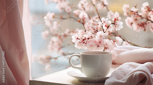 Coffee cup and cherry blossom on wooden tray on window sill