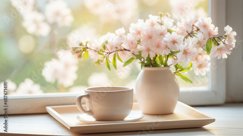 Coffee cup and cherry blossom on wooden tray on window sill