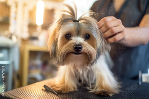 Grooming of a Yorkshire Terrier in a beauty salon. 
 photo