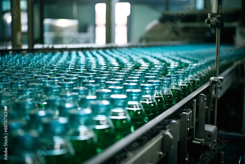 Bottles of alcohol on conveyor belt in factory, closeup  © MFlex