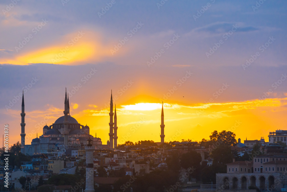 Sultanahmet or Sultan Ahmed or Blue Mosque view at sunset. Visit Istanbul