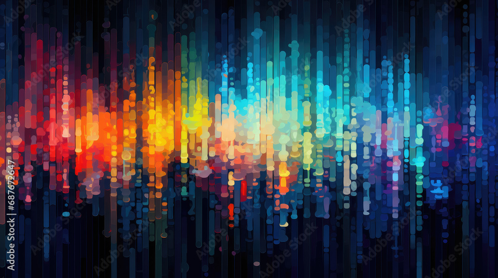 Abstract pixelated digital equalizer glitched rainbow colored flickering lights background