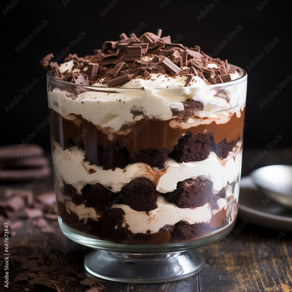 Chocolate Trifle - it has layers of crushed Oreos, silky chocolate pudding, crumbled brownies, and whipped cream - AI generated Chocolate Trifle - it has layers of crushed Oreos, silky chocolate pudding, crumbled brownies, and whipped cream - AI generated