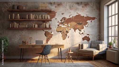 A cozy study area featuring a 3D wall mockup displaying a vintage world map with intricate details and faded colors. #687673018