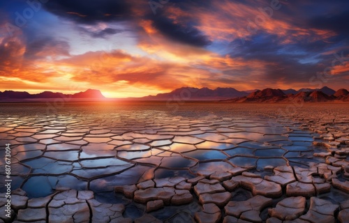 Sunset Horizon Over Cracked Desert Terrain
