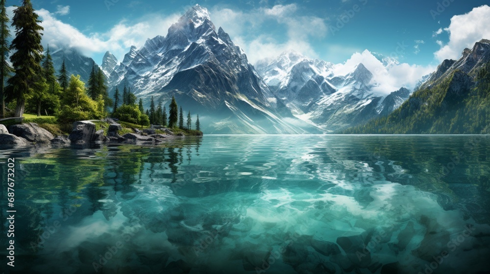 A crystal-clear lake surrounded by majestic mountains, creating a mirror-like reflection.