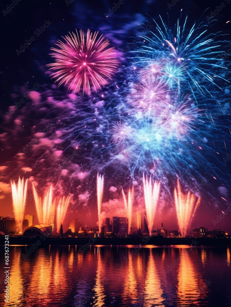 Festive Fireworks Illuminating Night Sky over Water