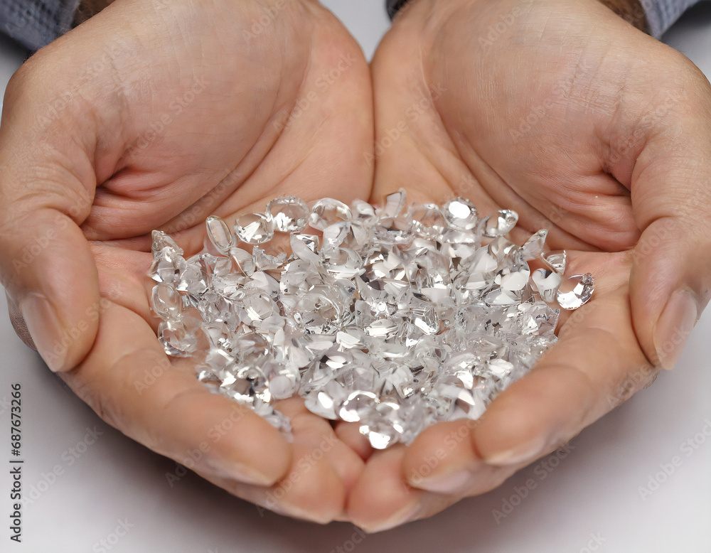 Hands holding sparkling diamonds
