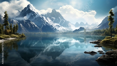 A crystal-clear lake surrounded by majestic mountains, creating a mirror-like reflection.