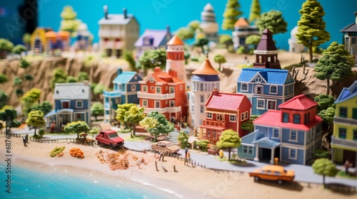 A coastal miniature village with colorful beach houses and a bustling boardwalk. © Nasreen