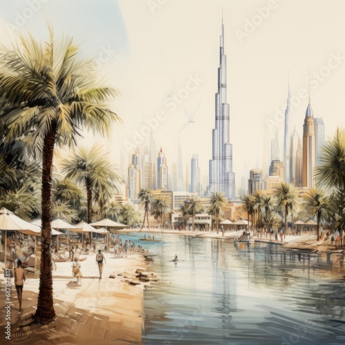 Modern Cityscape with Skyscrapers and Palm Trees