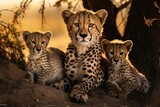 Leopard with cubs. Panthera pardus shortidgei, nature habitat, big wild cat in the nature habitat, sunset on the savannah. Wildlife nature. Africa wildlife. Close-up portrait.