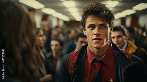 High schooler looking surprised in busy hallway. Concept of Overwhelm Amidst Bustling Life. photo