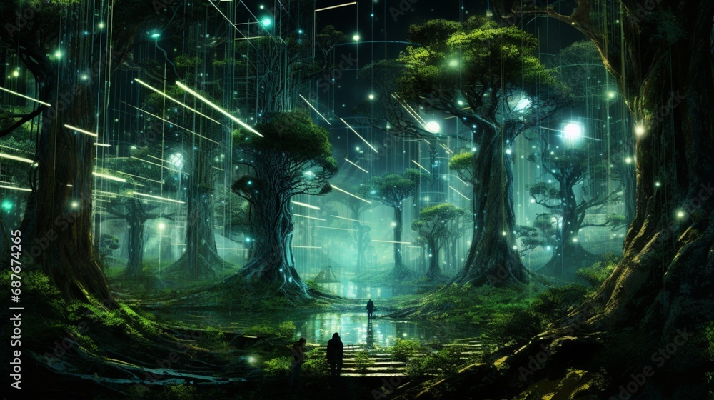 A cybernetic forest with trees intertwined with glowing data streams and circuits.