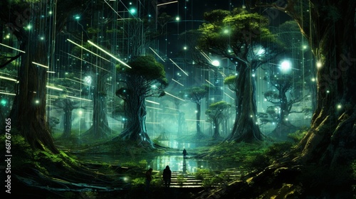 A cybernetic forest with trees intertwined with glowing data streams and circuits.