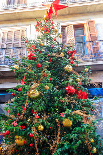Beautiful decorated Christmas tree at Christmas market