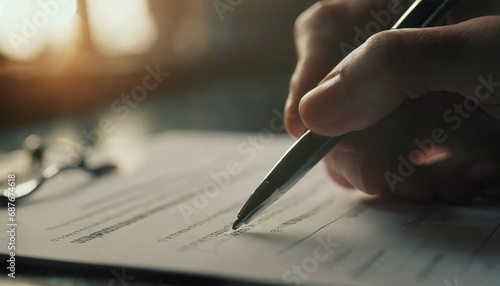 A woman signing a contract with a pen  photo
