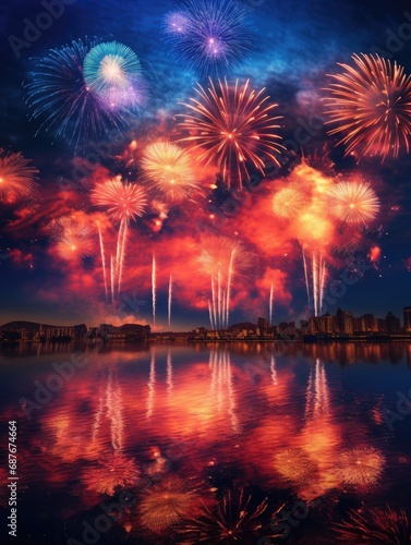 Bursting Fireworks Reflecting in Aquatic Sky