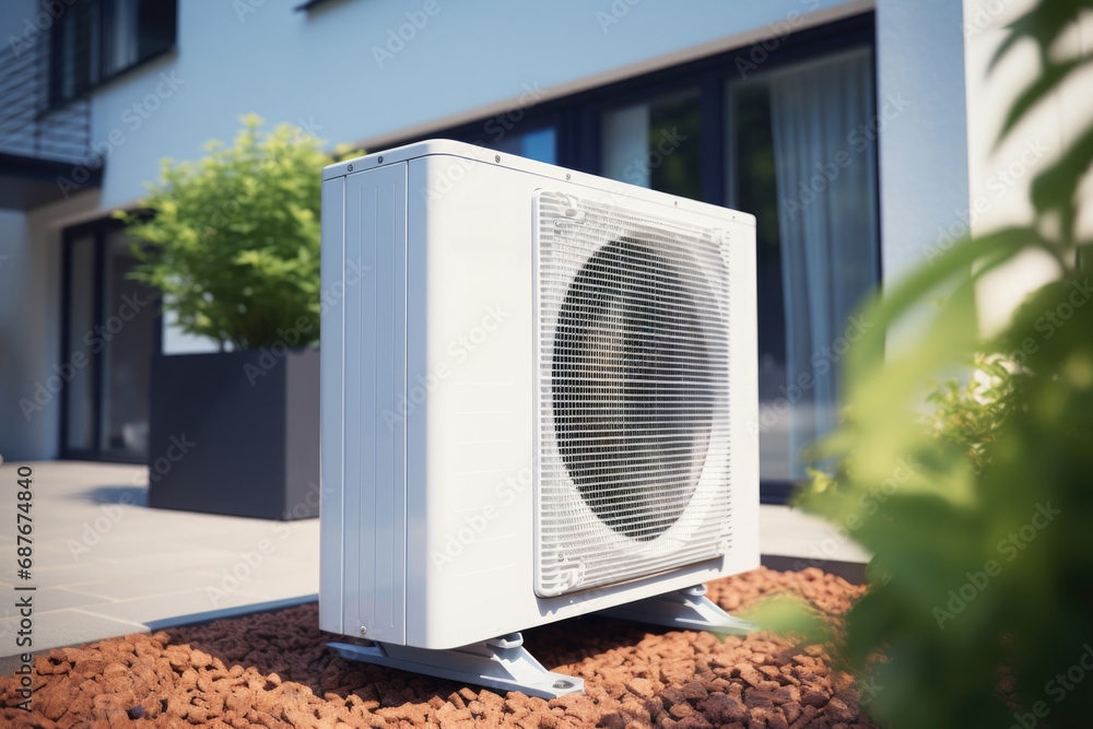 A white air conditioner unit positioned in front of a house. Suitable for various home improvement and real estate-related themes A white air conditioner unit positioned in front of a house. Suitable for various home improvement and real estate-related themes