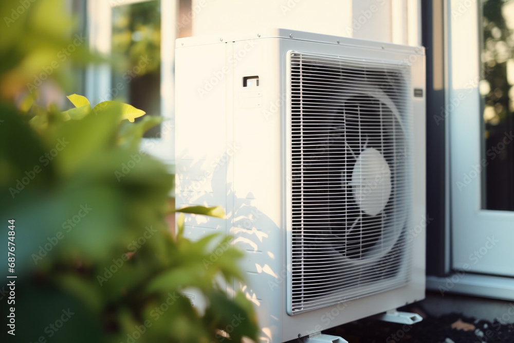 A white air conditioner sitting on top of a window sill. Can be used to depict home cooling or energy efficiency A white air conditioner sitting on top of a window sill. Can be used to depict home cooling or energy efficiency