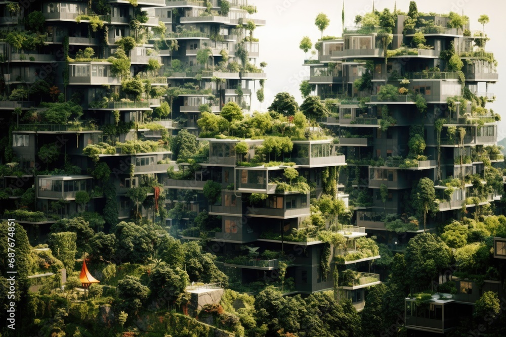 A picture of a very tall building with a unique feature of trees growing on top. Perfect for architectural designs and urban concepts
