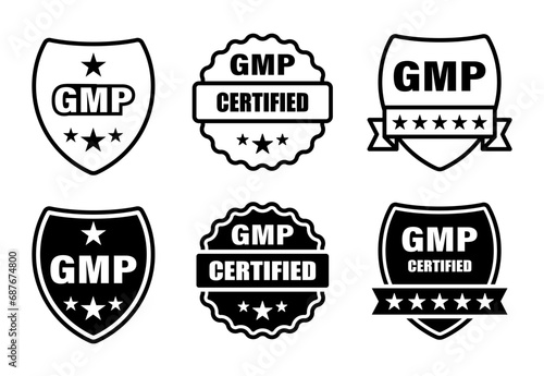 GMP set of round badges. Certified industrial stickers for products with Good Manufacturing Practice tag