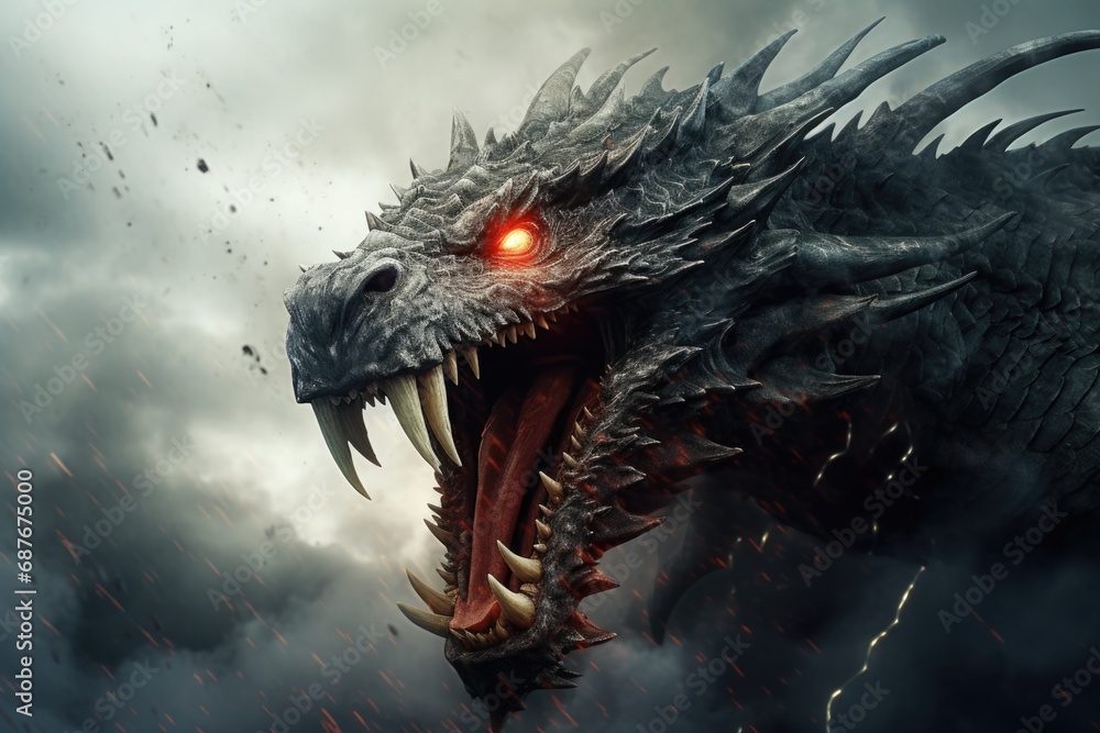 A close-up view of a fierce dragon with piercing red eyes. Perfect for fantasy-themed designs and illustrations A close-up view of a fierce dragon with piercing red eyes. Perfect for fantasy-themed designs and illustrations