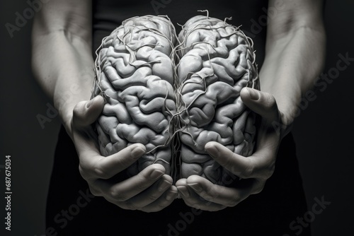 A person holding two halves of a brain. Ideal for illustrating concepts related to neurology, psychology, brain research, or the left and right brain hemispheres. photo