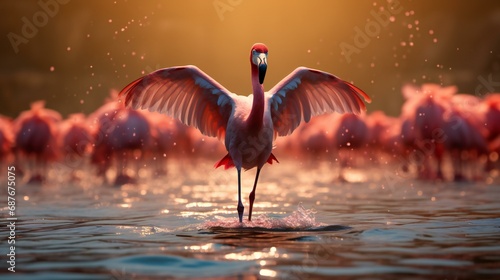 Fototapeta Naklejka Na Ścianę i Meble -  Flamboyant flamingo flight, a group of elegant flamingos in mid-flight, creating a stunning visual display of color and grace