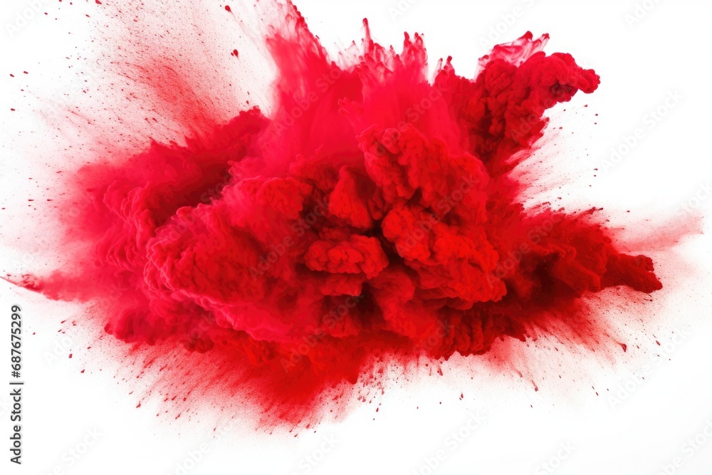 A vibrant red cloud of powder captured on a clean white background. Perfect for adding a burst of color and energy to your designs A vibrant red cloud of powder captured on a clean white background. Perfect for adding a burst of color and energy to your designs