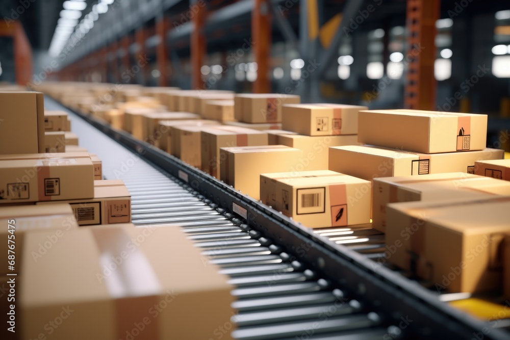 A conveyor belt with boxes moving along it. Ideal for illustrating the logistics and transportation industry A conveyor belt with boxes moving along it. Ideal for illustrating the logistics and transportation industry