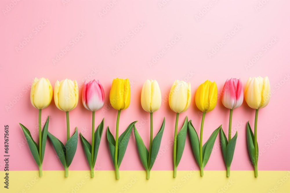 A beautiful row of yellow and pink tulips arranged on a vibrant pink and yellow background. Perfect for springtime and floral-themed designs