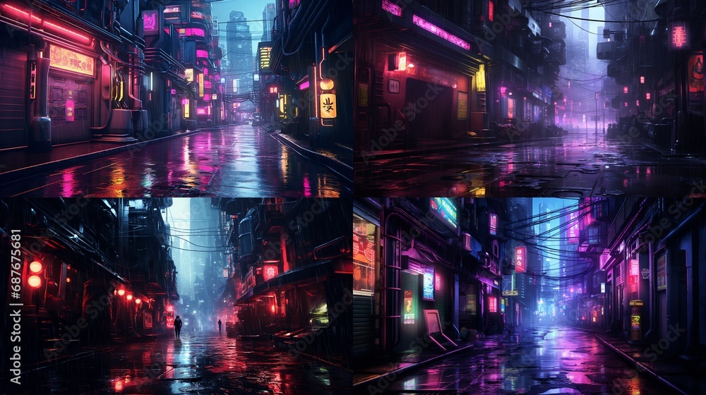 A cyberpunk-inspired alleyway with rain-soaked streets and neon reflections.