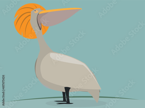 Graceful cartoon white pelican bird with long hairs.  Birdwaching and Nature concept Vector flat or cartoon illustration. photo