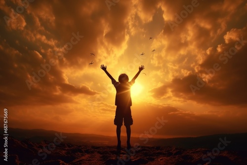 A man standing on top of a mountain with his hands in the air. This image can be used to portray the feeling of accomplishment and success