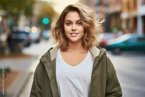 Beautiful young woman standing on city street. Perfect for lifestyle and fashion-related projects.