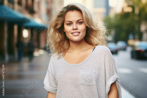 Woman standing on side of street. This image can be used to depict urban life or as representation of waiting or anticipation.