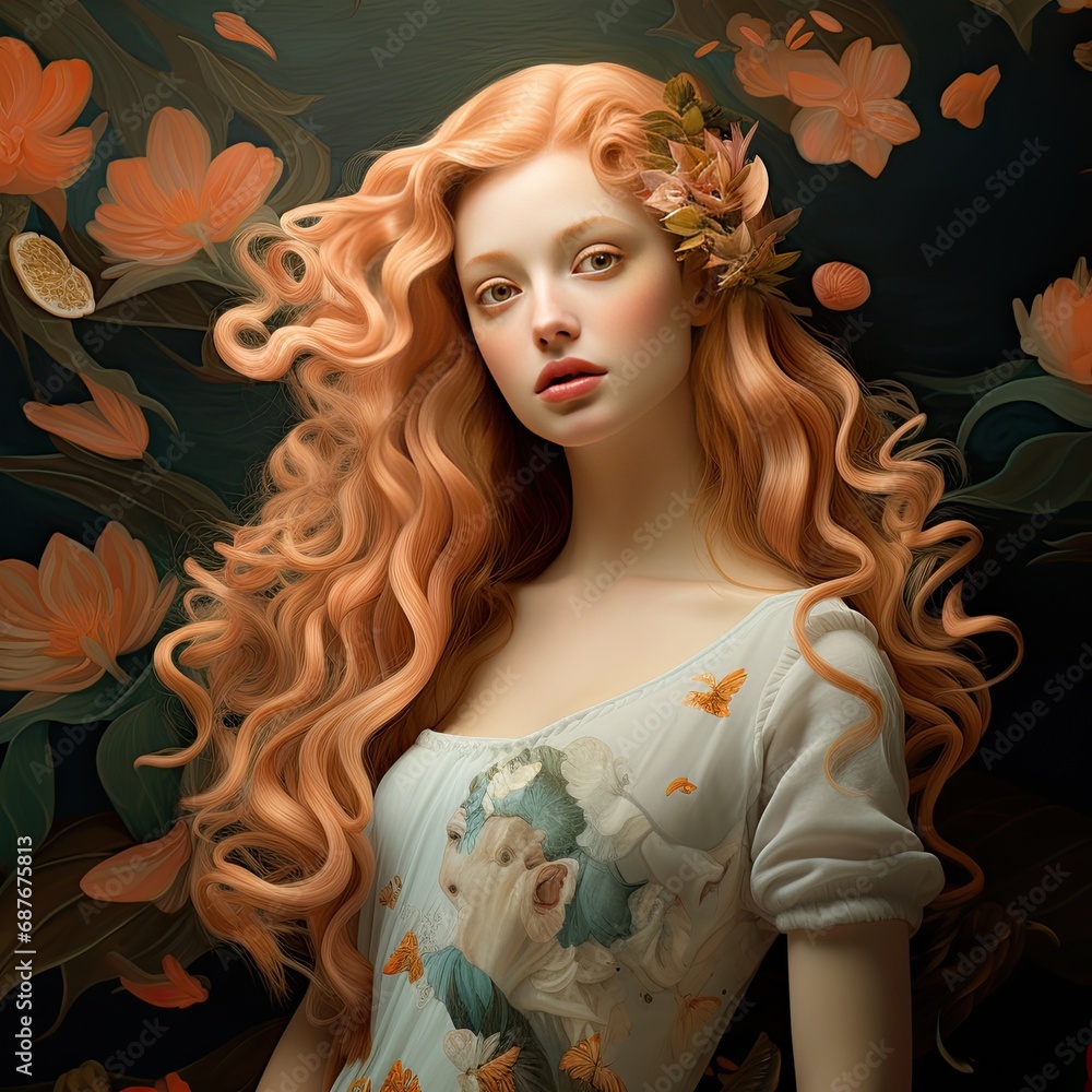 Elegant Redhead Woman with Long Blond Hair and Glamorous Hairstyle, Posing in a Studio Portrait Elegant Redhead Woman with Long Blond Hair and Glamorous Hairstyle, Posing in a Studio Portrait
