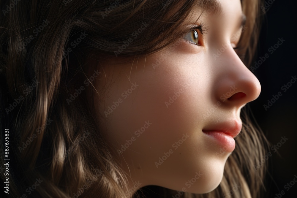 A close-up photograph of a young girl's face. This image can be used to convey emotions, innocence, beauty, or youthfulness. Suitable for various projects and publications A close-up photograph of a young girl's face. This image can be used to convey emotions, innocence, beauty, or youthfulness. Suitable for various projects and publications