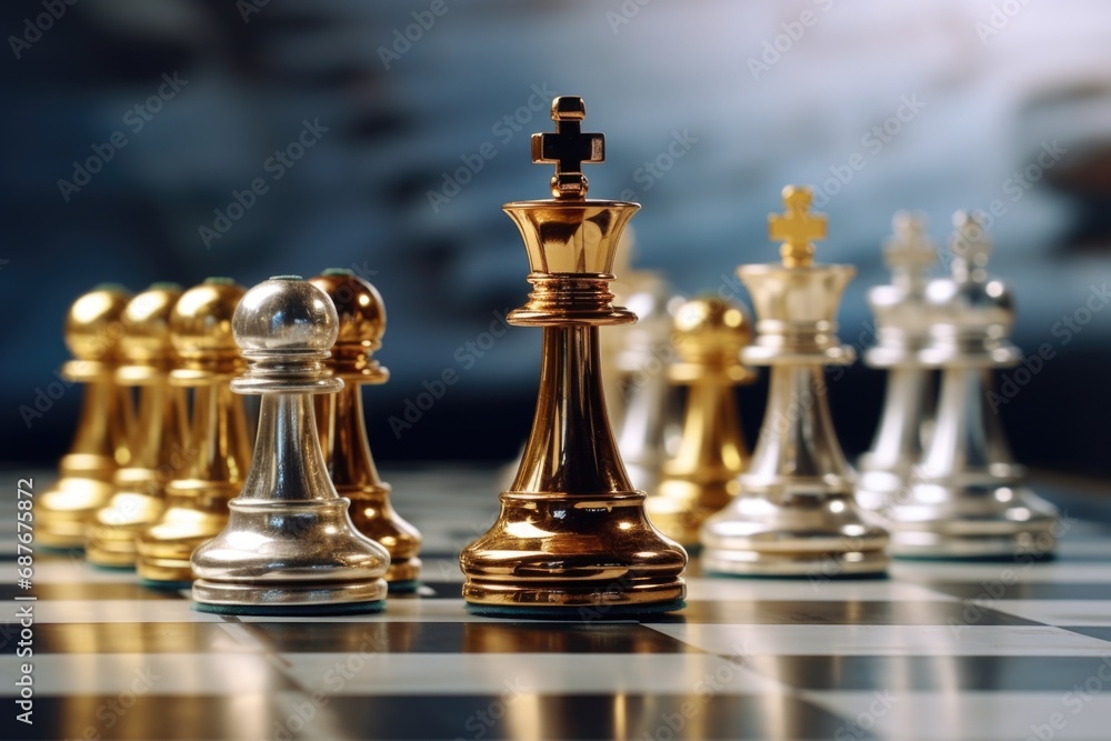 A picture of a chess board with gold and silver chess pieces. This image can be used to depict strategy, competition, or the game of chess A picture of a chess board with gold and silver chess pieces. This image can be used to depict strategy, competition, or the game of chess