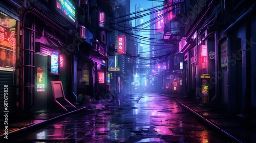 A cyberpunk-inspired alleyway with rain-soaked streets and neon reflections.