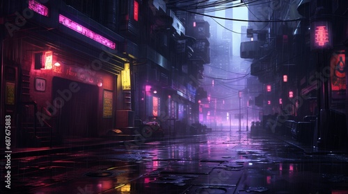 A cyberpunk-inspired alleyway with rain-soaked streets and neon reflections. © Image Studio