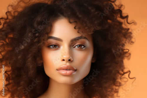 Close up shot of woman with curly hair. Can be used for beauty, fashion, or lifestyle concepts.