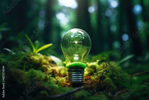 A light bulb resting on a vibrant pile of moss. This image can be used to represent creativity, innovation, and nature