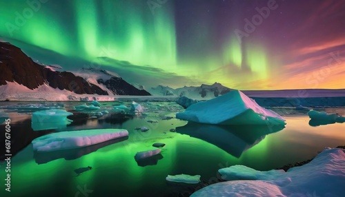 Icebergs Drifting in a Glacial Lagoon Under the Northern Lights  © Marko