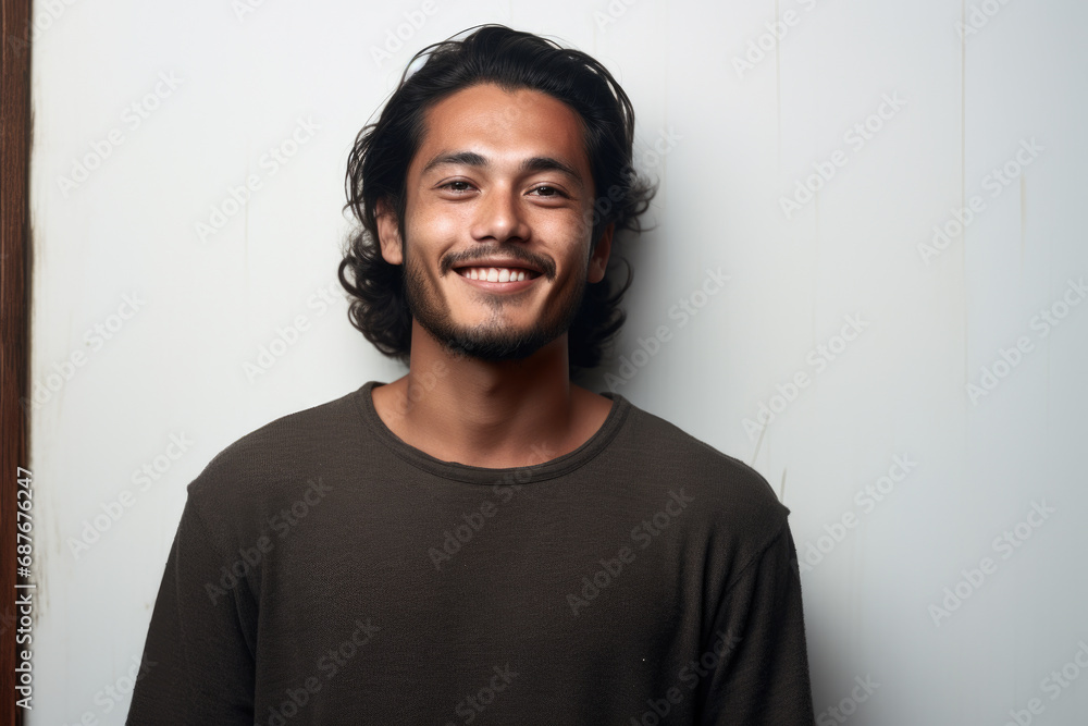 Man with long hair smiling in front of white wall. Perfect for portraying happiness and positivity in various settings. Man with long hair smiling in front of white wall. Perfect for portraying happiness and positivity in various settings.